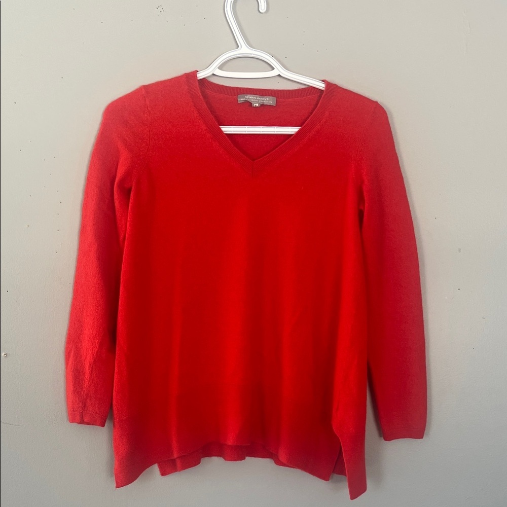 Neiman Marcus Vibrant Red V-Neck Sweater 100% Cashmere